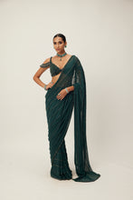 Load image into Gallery viewer, Dark Jade Green Crystal Linear Embroidered Saree