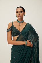 Load image into Gallery viewer, Dark Jade Green Crystal Linear Embroidered Saree