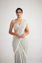 Load image into Gallery viewer, Powder Grey Chandelier Pearl Drop Saree Set