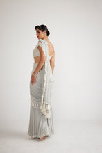 Load image into Gallery viewer, Powder Grey Chandelier Pearl Drop Saree Set
