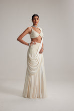 Load image into Gallery viewer, Off White Pearl and Mirror Embroidered satin draped saree set