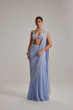 Load image into Gallery viewer, Dew Blue Linear Mirror And Pearl Embroidered Draped Saree Set