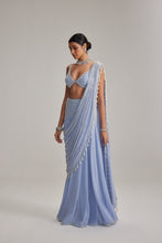 Load image into Gallery viewer, Dew Blue Linear Mirror And Pearl Embroidered Draped Saree Set
