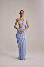 Load image into Gallery viewer, Dew Blue Satin Draped Saree Set