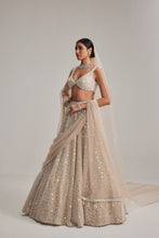 Load image into Gallery viewer, Light Beige Dense mirror and pearl lehenga set with Double Dupatta and Veil