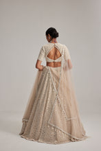 Load image into Gallery viewer, Light Beige Dense Pearl and mirror Lehenga Set with High Neck Blouse, Double Dupatta and Veil