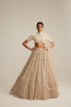 Load image into Gallery viewer, Light Beige Pearl Drop Multi Tier Lehenga With High Neck Blouse Set.