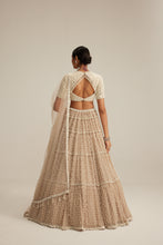 Load image into Gallery viewer, Light Beige Pearl Drop Multi Tier Lehenga With High Neck Blouse Set.