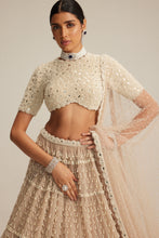 Load image into Gallery viewer, Light Beige Pearl Drop Multi Tier Lehenga With High Neck Blouse Set.
