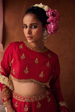 Load image into Gallery viewer, Reddish coral upada silk blouse, lehenga and shimmer tissue dupatta