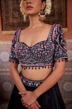 Load image into Gallery viewer, Black glass tissue embroidered blouse, lehenga and dupatta