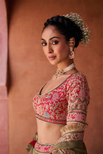 Load image into Gallery viewer, Sage green and Fuchsia upada silk blouse, lehenga and organza dupatta