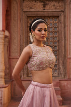 Load image into Gallery viewer, Blush pink glass tissue silk blouse, lehenga and dupatta