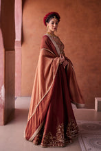 Load image into Gallery viewer, Maroon and beige shimmer tissue silk blouse, lehenga and dupatta
