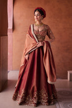Load image into Gallery viewer, Maroon and beige shimmer tissue silk blouse, lehenga and dupatta