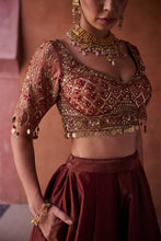 Load image into Gallery viewer, Maroon and beige shimmer tissue silk blouse, lehenga and dupatta