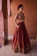 Load image into Gallery viewer, Maroon and beige shimmer tissue silk blouse, lehenga and dupatta
