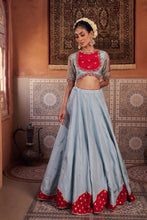 Load image into Gallery viewer, Powder blue and fuchsia silk blouse, lehenga and organza dupatta