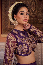 Load image into Gallery viewer, Purple dupion silk blouse, lehenga and organza silk dupatta