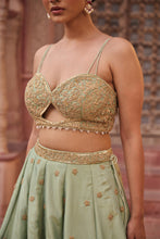 Load image into Gallery viewer, Mint green shimmer tissue Blouse, lehenga and dupatta