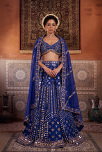 Load image into Gallery viewer, Royal blue dupion silk blouse, lehenga and net dupatta