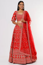 Load image into Gallery viewer, Red raw silk intricate hand embroidered lehenga