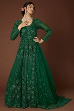 Load image into Gallery viewer, Bottle green net self on self embroidered lehenga