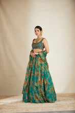 Load image into Gallery viewer, TEAL GREEN FLORAL LEHENGA SET