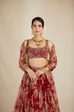Load image into Gallery viewer, RED FLORAL ORGANZA FLORAL LEHENGA SET SET
