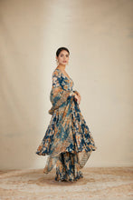 Load image into Gallery viewer, TEAL BLUE CHIFFON FLORAL LEHENGA SET