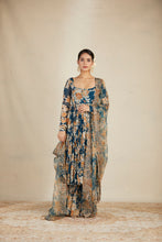 Load image into Gallery viewer, TEAL BLUE CHIFFON FLORAL LEHENGA SET