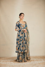 Load image into Gallery viewer, TEAL BLUE CHIFFON FLORAL LEHENGA SET