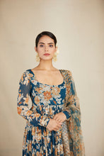 Load image into Gallery viewer, TEAL BLUE CHIFFON FLORAL LEHENGA SET