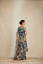 Load image into Gallery viewer, TEAL BLUE CHIFFON FLORAL LEHENGA SET