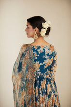 Load image into Gallery viewer, TEAL BLUE CHIFFON FLORAL LEHENGA SET