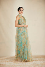 Load image into Gallery viewer, MINT ORGANZA FLORAL SAAREE SET