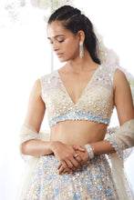 Load image into Gallery viewer, Beige Blue Chevron Sequin Lehenga Set