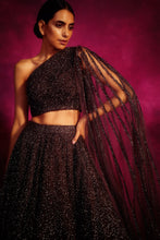 Load image into Gallery viewer, Dull Silver One Shoulder Sequined Lehenga Set