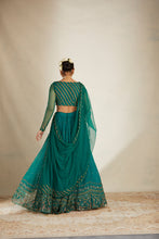Load image into Gallery viewer, TEAL GREEN ANTIQUE SEQ WORK LEHENGA SET