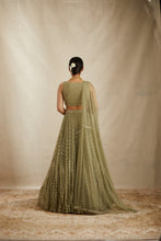 Load image into Gallery viewer, Olive Green Net Crepe Line Embroidered Lehenga Set