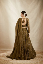 Load image into Gallery viewer, OLIVE GREEN ZIGZAG WORK LEHENGA SET