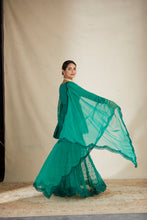 Load image into Gallery viewer, TEAL GREEN THREADWORK PEPLUM AND SHARARA