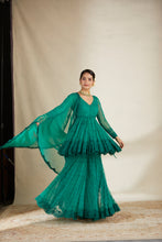 Load image into Gallery viewer, TEAL GREEN THREADWORK PEPLUM AND SHARARA