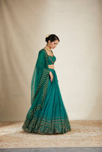 Load image into Gallery viewer, TEAL GREEN ANTIQUE SEQ WORK LEHENGA SET