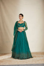 Load image into Gallery viewer, TEAL GREEN ANTIQUE SEQ WORK LEHENGA SET