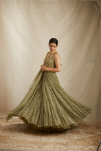 Load image into Gallery viewer, Olive Green Net Crepe Line Embroidered Lehenga Set