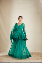 Load image into Gallery viewer, TEAL GREEN THREADWORK PEPLUM AND SHARARA