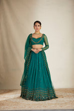 Load image into Gallery viewer, TEAL GREEN ANTIQUE SEQ WORK LEHENGA SET