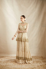Load image into Gallery viewer, OFF WHITE WITH GOLD WORK PEPLUM AND SHARARA SET