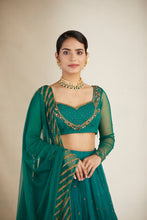 Load image into Gallery viewer, TEAL GREEN ANTIQUE SEQ WORK LEHENGA SET